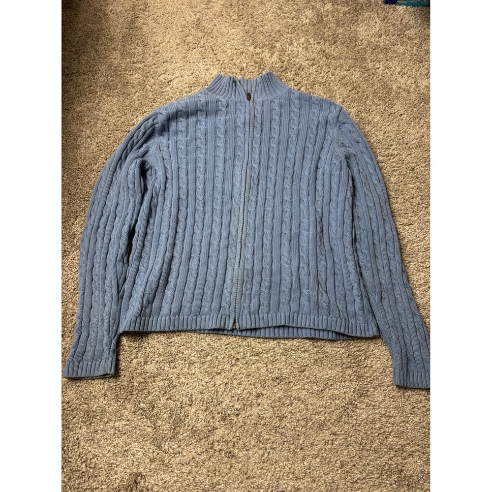 LL Bean Blue Cable Knit Full Zip Cardigan Sweater Cotton Mock Neck Large 243978